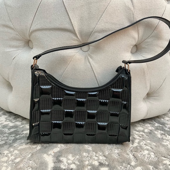 Handbags - Glossy Checkered Embossed Baguette Purse